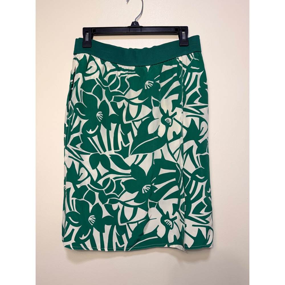 Vintage Silk Liz Claiborne Skirt 10P Floral Midi Green White Pocket Slit